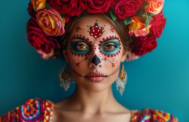 Naklejka premium A young girl with detailed skeleton makeup for Mexico's Day of the Dead (El Dia de Muertos).