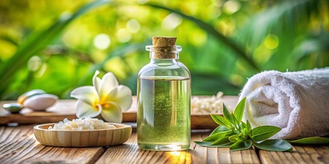 Relaxing Spa Essentials with Green Oil, Salt, and Towel, spa , relaxation , aromatherapy