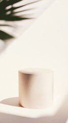 Minimalist Soft Pink Podium with Plant Shadow on White Background in Soft Afternoon Lighting