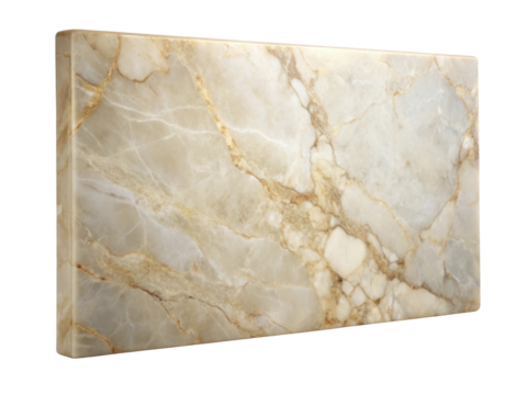 Rectangular marble slab showcasing beige and gold veins on a light background. Ideal for luxurious countertops and interior designs. Isolated on transparent background, png.