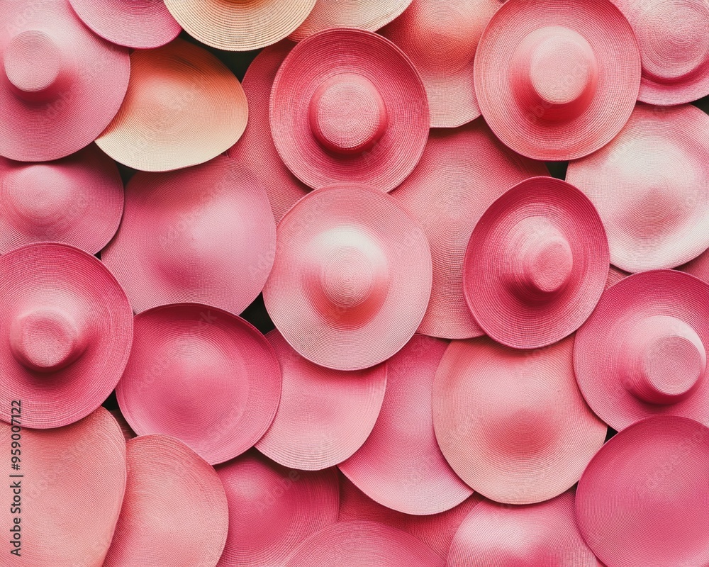 Poster Aerial View of Symmetrical Neon Pink Hats Creating Geometric Pattern in Soft Pastel Tones