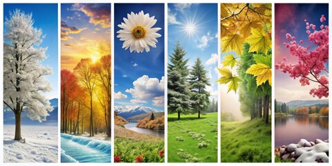 Seasons Collage Winter, Spring, Summer, Autumn, Snowy Trees, Green Grass, Blooming Flowers