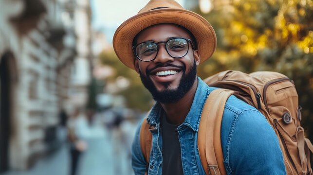 Smiling African American man with beard wearing hat and glasses, traveling in urban setting with backpack at sunset