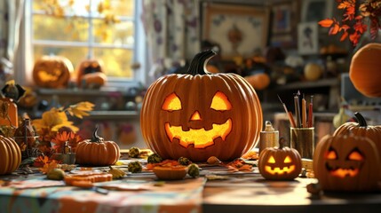 Obraz premium Pumpkin Carving Contest with Friends Laughing and Creating Unique Designs Under Dim Lights