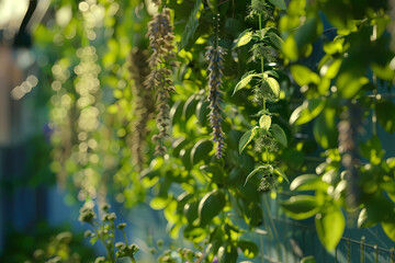 Obraz premium A lush display of green hanging plants and herbs, creating a serene atmosphere with dappled sunlight filtering through the leaves.