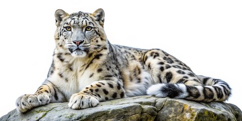 Fototapeta premium Snow Leopard Resting on a Rock, Isolated, Wildlife Photography, Big Cat, Panthera uncia