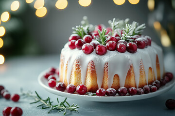 Christmas  bound or bundt cake with white  glaze, adorned with fresh berries, cranberries and rosemary. 