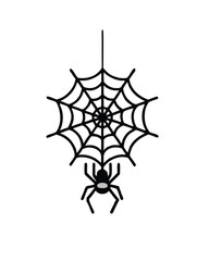 Black and white vector illustration of a spider in the center of a cobweb.