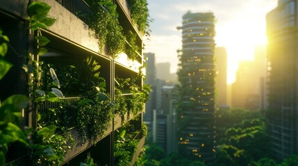 A green wall on a building in a city with tall skyscrapers in the background. The sun shines through the mist.