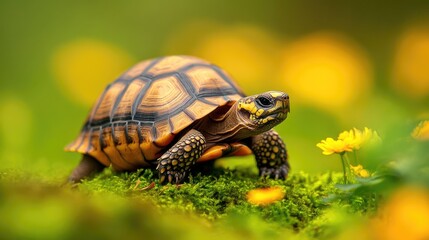 Obraz premium A tortoise walking through a vibrant, flower-filled landscape.