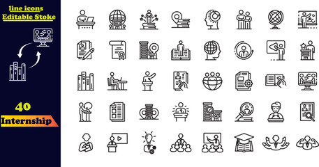 Internship Editable Stroke Icon Concept. This set includes icons for goals, skills, knowledge, mentoring, jobs, profiles, people, practice, opportunities, and training. Features editable outline icons