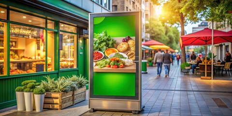 Fototapeta premium Streetside Food Ad with Green Screen, Food, Cityscape, Billboard, Restaurant ,street food, restaurant