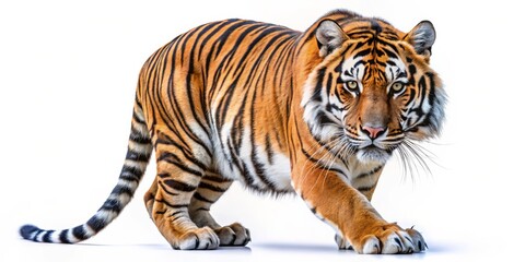 Obraz premium Striking Tiger Portrait A Close-Up of a Majestic Bengal Tiger with Black Stripes, White Background, Big Cat, Predator, Wildlife