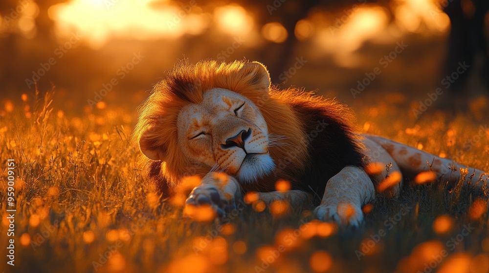 Wall mural Majestic Lion Resting in Golden Hour