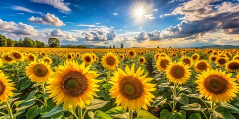Obraz premium Sun-Kissed Sunflowers A Field of Golden Radiance, Wide Angle, Sunbeams, Clouds, Landscape, Sunflowers, Field