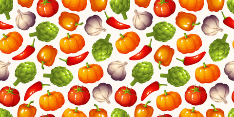 Seamless pattern with autumn vegetables like pumpkins, artichokes, tomatoes, garlic, and chili peppers. Thanksgiving Day. Harvest season. Perfect for seasonal designs, kitchen, and culinary projects.