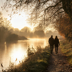 Fototapeta premium A couple enjoying a sunrise walk along a riverside path. 