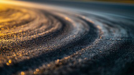 A close-up of a race track curve with visible tire marks