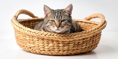 Tabby Cat in a Wicker Basket, White Background, Cute Kitten, Cat Portrait, Pet Photography, basket, cat