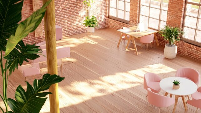 A high angle view of a spacious cafe with pink chairs, wooden tables, and large windows. Sunlight streams in, highlighting the exposed brick wall. Photo.