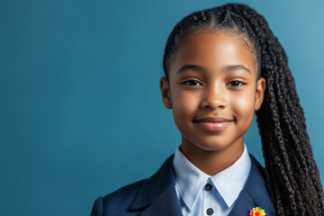 A confident young student wearing a dark blue school uniform against blue background. She wears a rainbow-colored LGBTQ pride badge, inclusivity and acceptance.