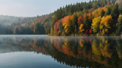 Obraz premium Autumn morning mist over a tranquil lake with vibrant trees reflecting on the water in a serene landscape