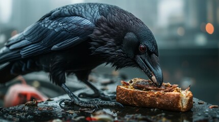 Fototapeta premium Raven Feasting on an Expired Sandwich from a Garbage Pile Near a Busy City Pier