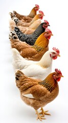 Multiple chickens and roosters stand together, displaying a range of colors and patterns against a clean white backdrop