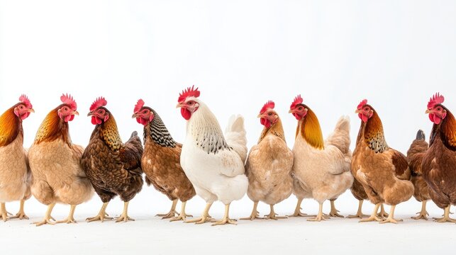 Multiple chickens and roosters stand together, displaying a range of colors and patterns against a clean white backdrop