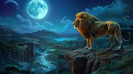 A powerful lion with a mane that glows like molten gold, standing on a cliff overlooking a vast,...