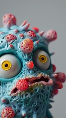 Obraz premium Close-up of a cartoon virus with large eyes, bumpy skin, and red bumps.