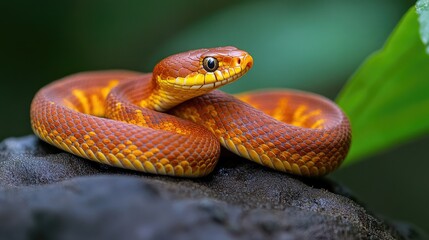 Obraz premium A vibrant snake resting on a rock, showcasing its colorful scales and natural habitat.