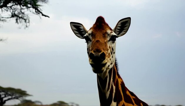 Wide angle shot of a masai giraffe next to trees in tsavo east nationalpark, kenya, africa
