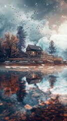 Cabin Reflection in a Tranquil Lake