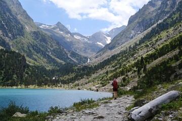 Beautiful scenery of Pyrennes National Park on tourist trail GR10 from lake Lac de Gaube to Refuge des Oulettes de Gaube. France	