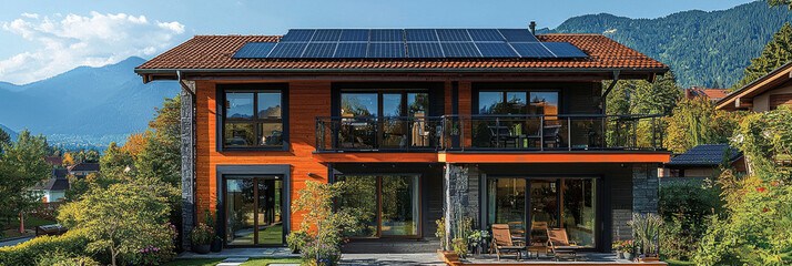 Modern home with solar panels on the roof, surrounded by lush greenery and mountains in the background.