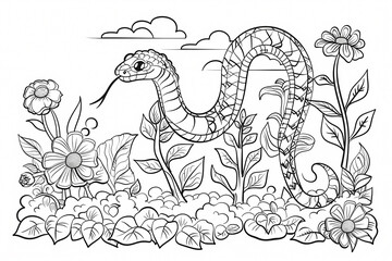 An intricately designed snake slithers among vivid flowers and lush greenery in this elegant black and white illustration.