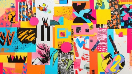 Obraz premium This playful moodboard presents a lively assortment of bright colors and abstract designs, highlighting artistic expression and creativity