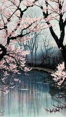 cherry blossom lake painting