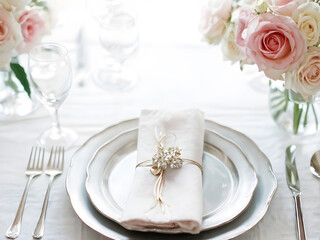 table setting pink roses and white linen wedding 