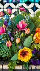 colorful flowers bouquet against white and blue