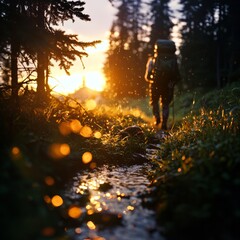 A lone hiker walks through a forest stream, silhouetted against the setting sun.  Golden light illuminates the scene, creating a sense of peace and adventure.