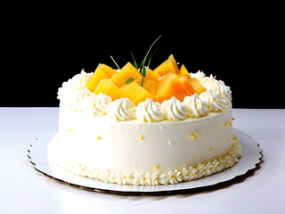 fancy gold and white cake decorated with peaches isolated