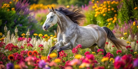 White Horse Galloping Through a Field of Colorful Flowers, Photography, Horse, Flower, Field