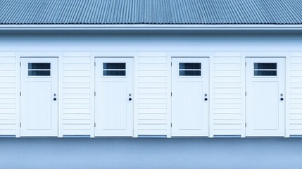 Fototapeta premium White double doors with glass panels and a security window provide an elegant entrance to a home, flanked by potted greenery in a well-lit area