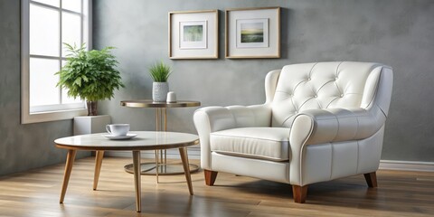 White Leather Armchair in a Modern Living Room, 3D Render, Interior Design, Furniture, Home Decor, Armchair, Living Room