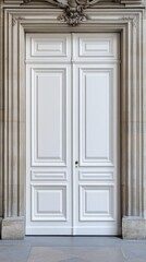 A white wooden front door enhanced by glass panels and surrounded by decorative plants against a clean white wall with black accents