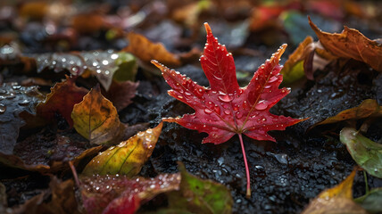 Vibrant red maple leaf surrounded by various autumn leaves on a wet, rainy forest floor in the morning light