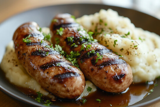 Savoring hearty bangers and mash served with rich gravy, garnished fresh with chives on a cozy table setting