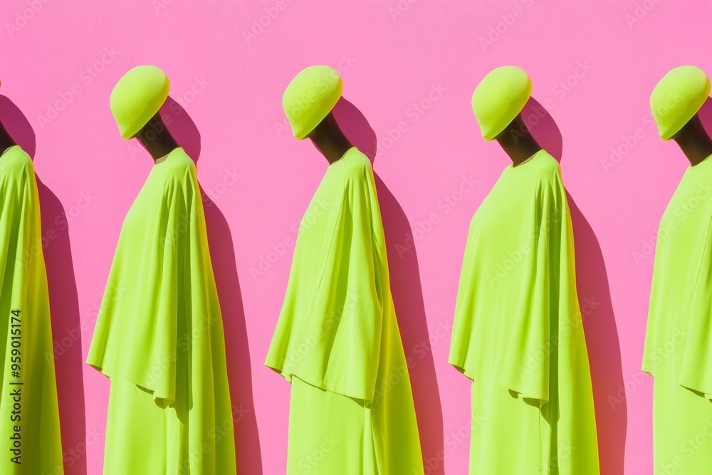 Poster neon green dresses on pink background vibrant, repetitive pattern with soft shadows and clean compos